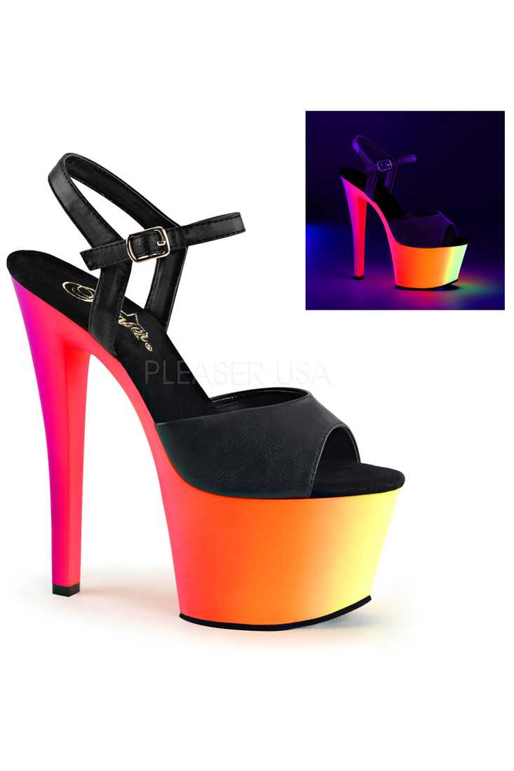 Black Ankle Strap UV Reactive Platform Heels Faux Leather