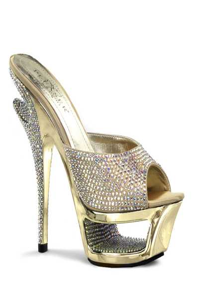 Gold Satin Rhinestones Platform Slip On Slide High Heels