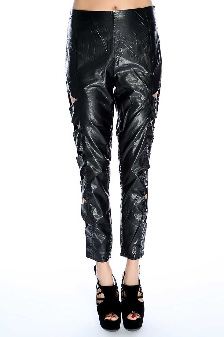 Black Faux Leather Strappy Cut Out High Waist Pants