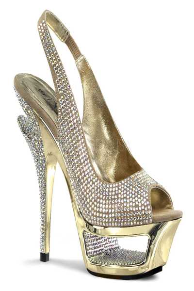 Gold Suede Rhinestones Cut-Out Platform Sling-Back Sandal Heel