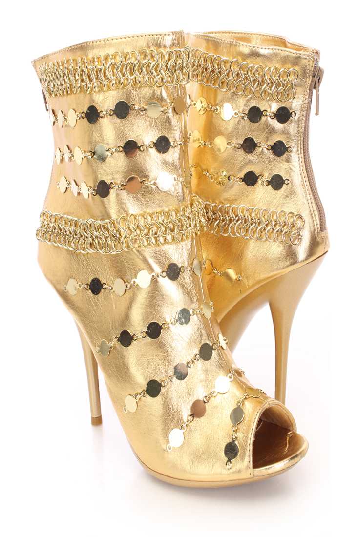 Gold Chain Link peep Toe Boots Faux Leather