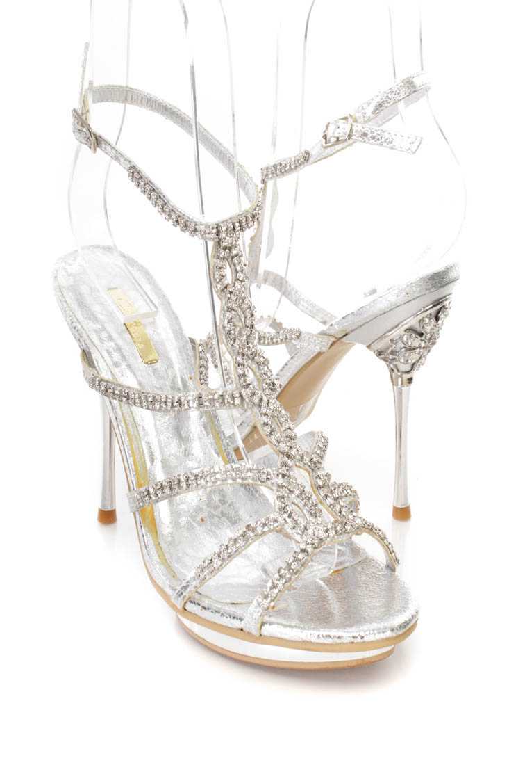 Silver Rhinestone T Strappy Stiletto Heels Faux Leather