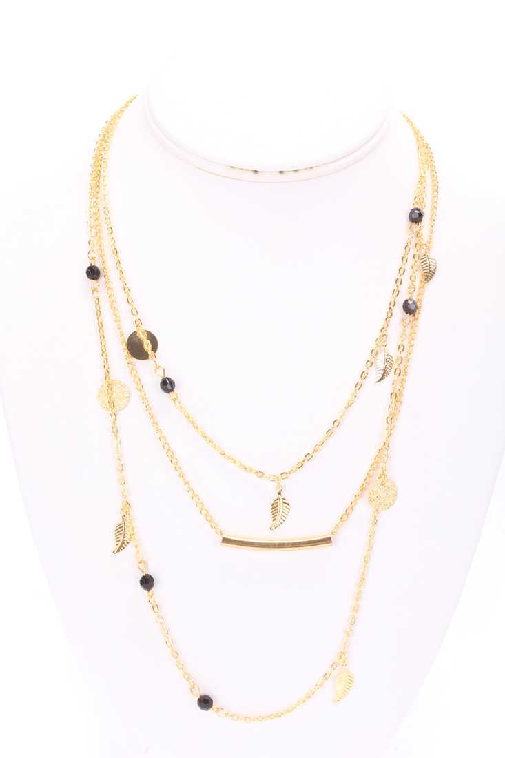 Gold Beaded Accent Feather Design Layered Necklace