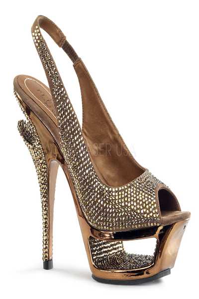 Bronze Suede Rhinestones Cut-Out Platform Sling-Back Sandal Heel
