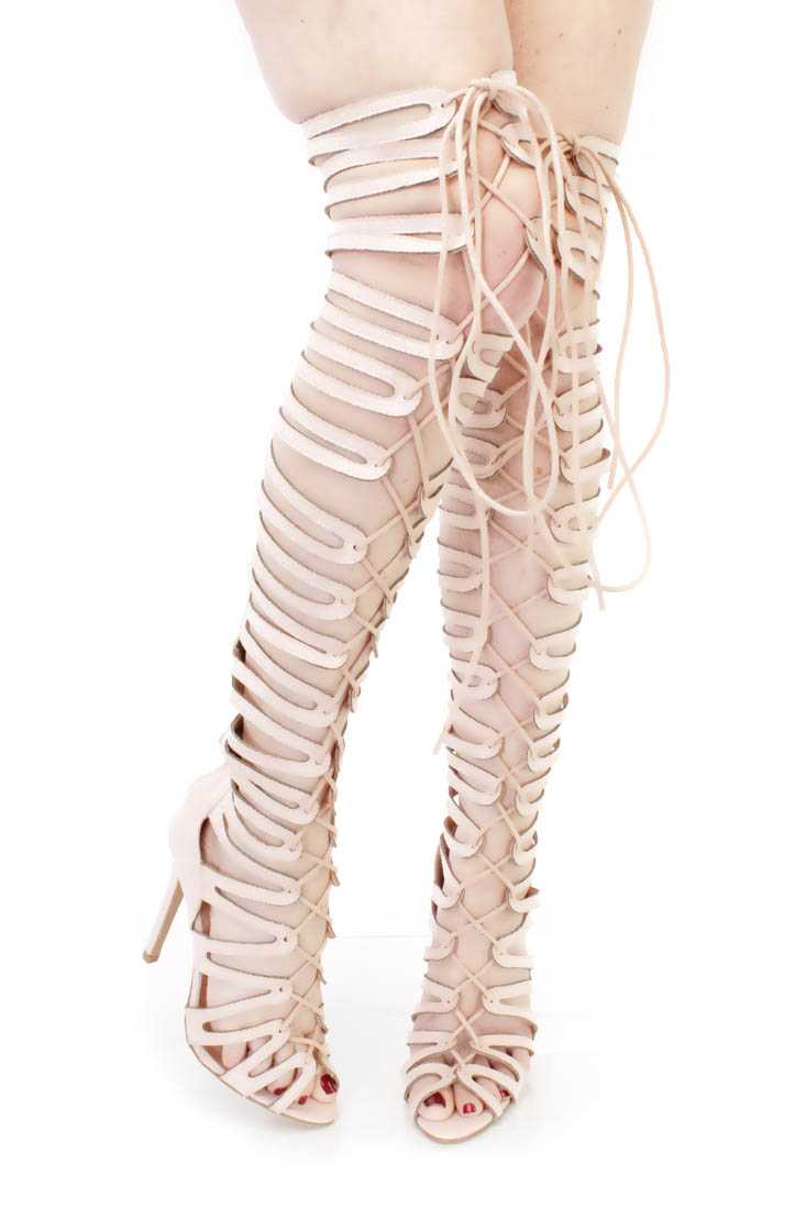 Nude Thigh High Single Sole Gladiator Heels Faux Suede
