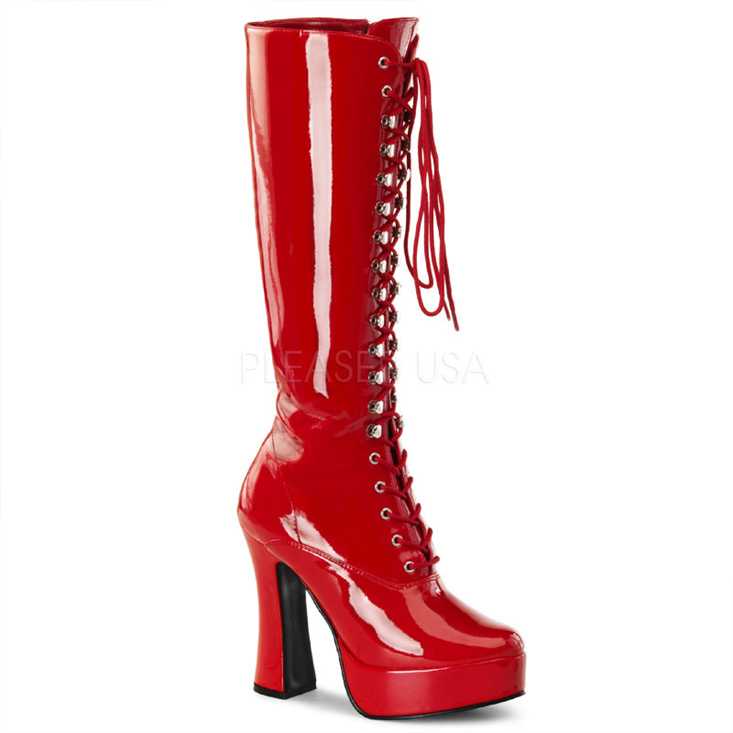 Red Lace Up Knee High Platform Boots Patent