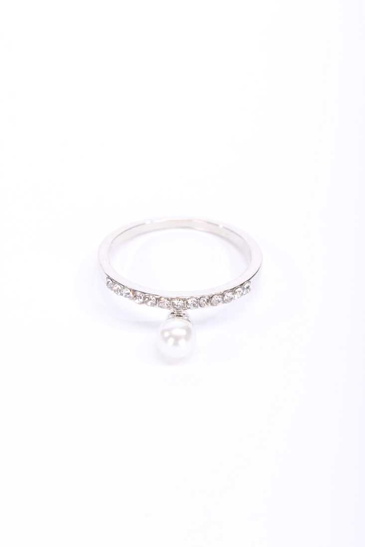 Silver Rhinestone Detail Faux Pearl Accent Thin Band Ring