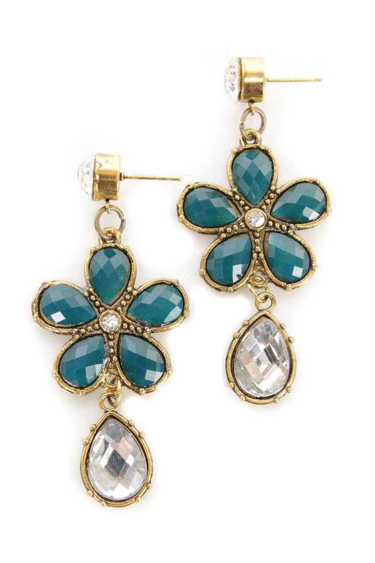 Teal Gold Faceted Beaded High Polish Metal Floral Earrings