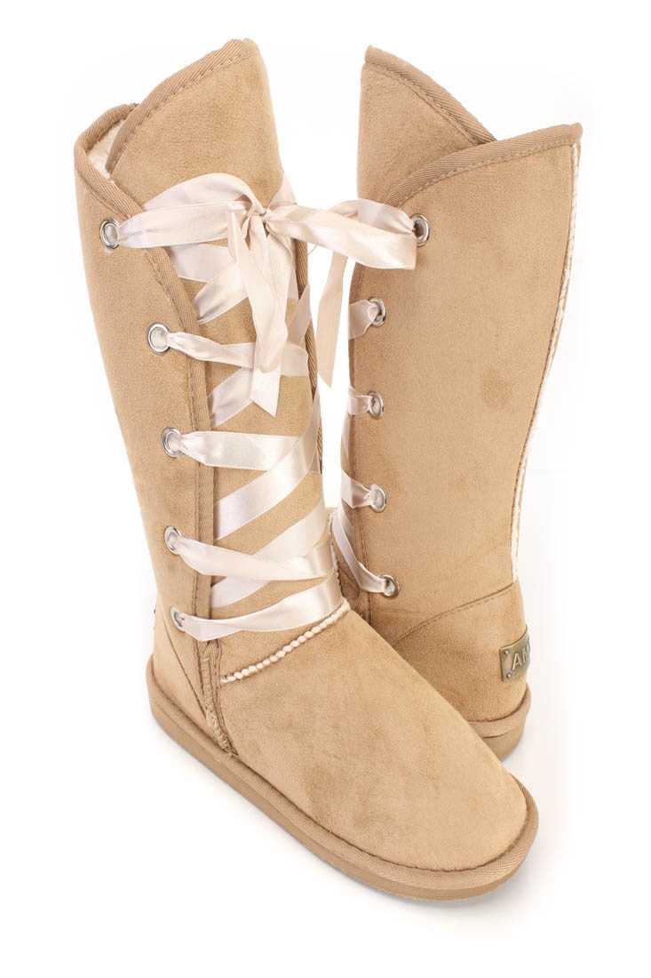 Camel Satin Ribbon Casual Boots Faux Suede