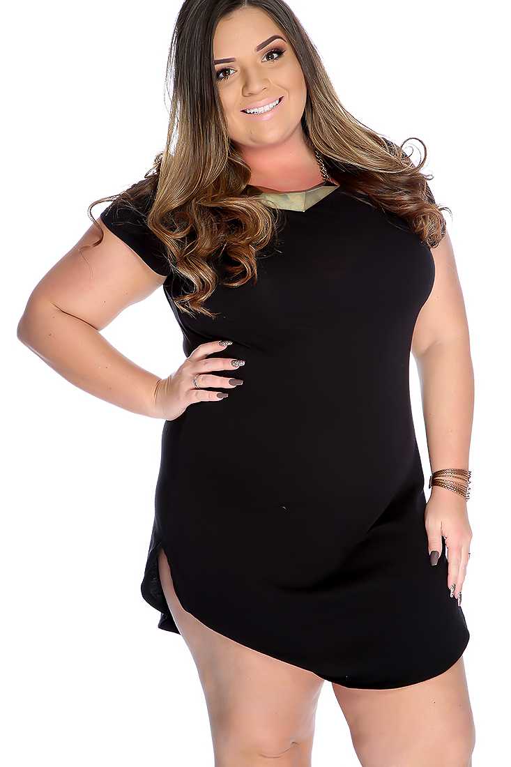 Sexy Black Short Sleeves Round Neckline Side Slit Causal Dress
