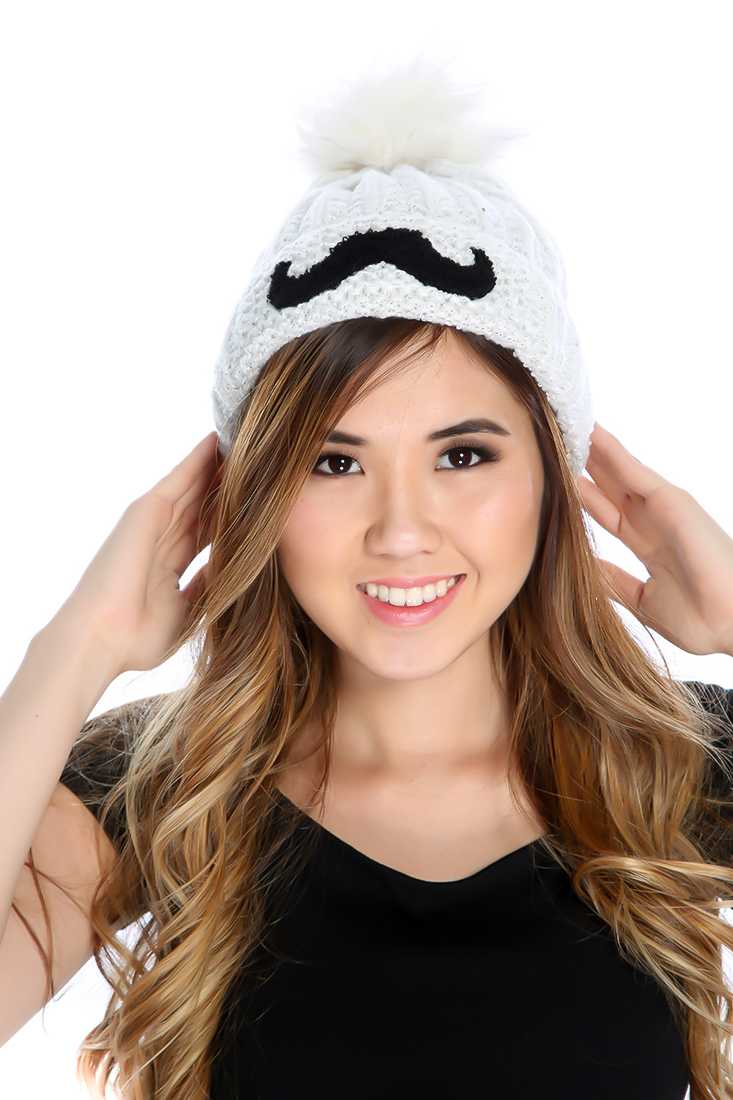 White Mustache Patch Knitted Beanie
