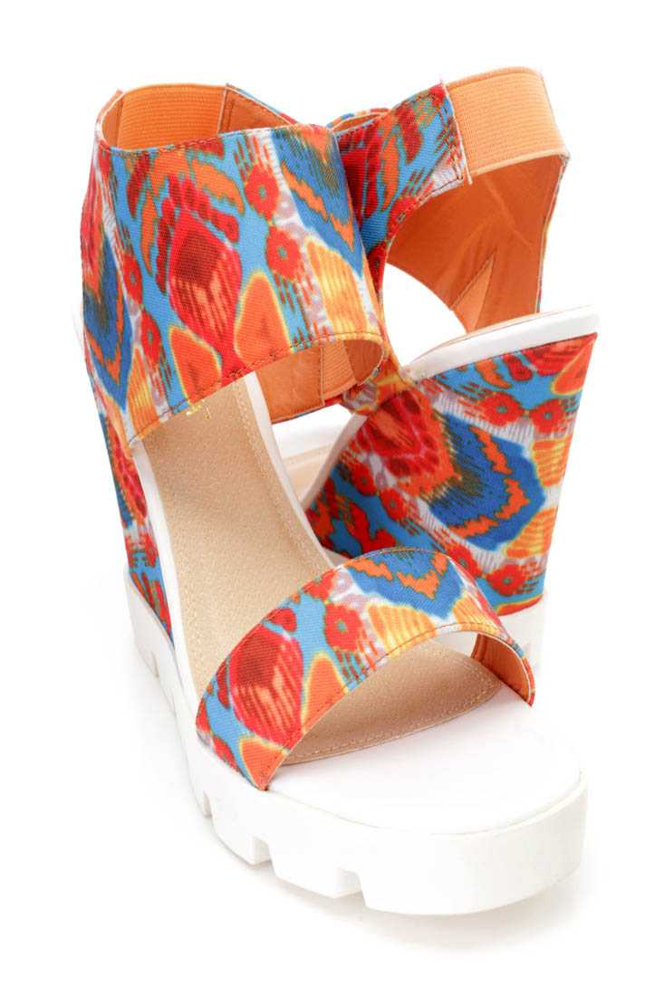 Multi Open Toe Strappy Sandal Wedges Watercolor Fabric