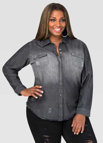 Grey Wash Destructed Denim Shirt