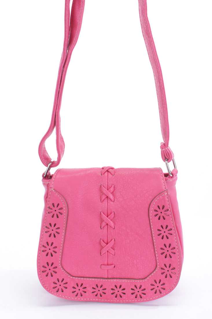 Watermelon Perforated Floral Accent Faux Leather Saddle Handbag