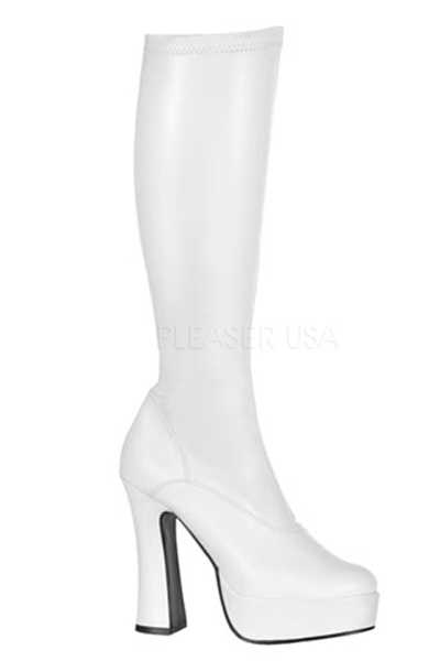 White Stretch Faux Leather Knee High Platform Boots