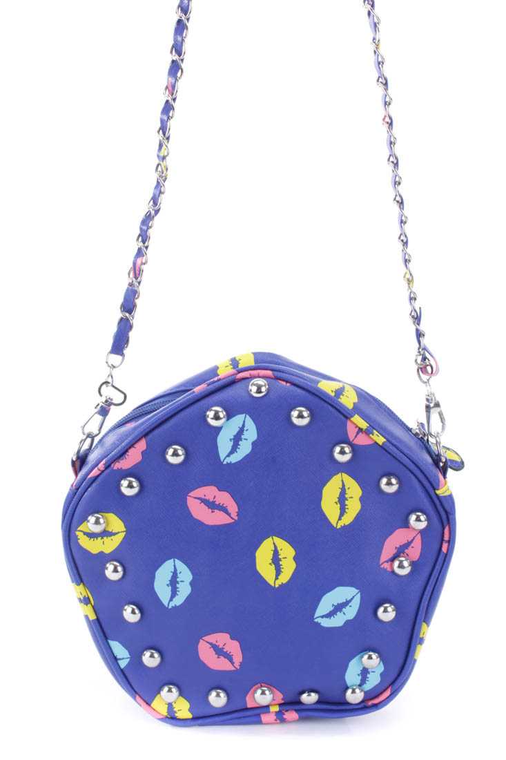 Blue Studded Lip Pattern Chainlink Faux Leather Strap Handbag