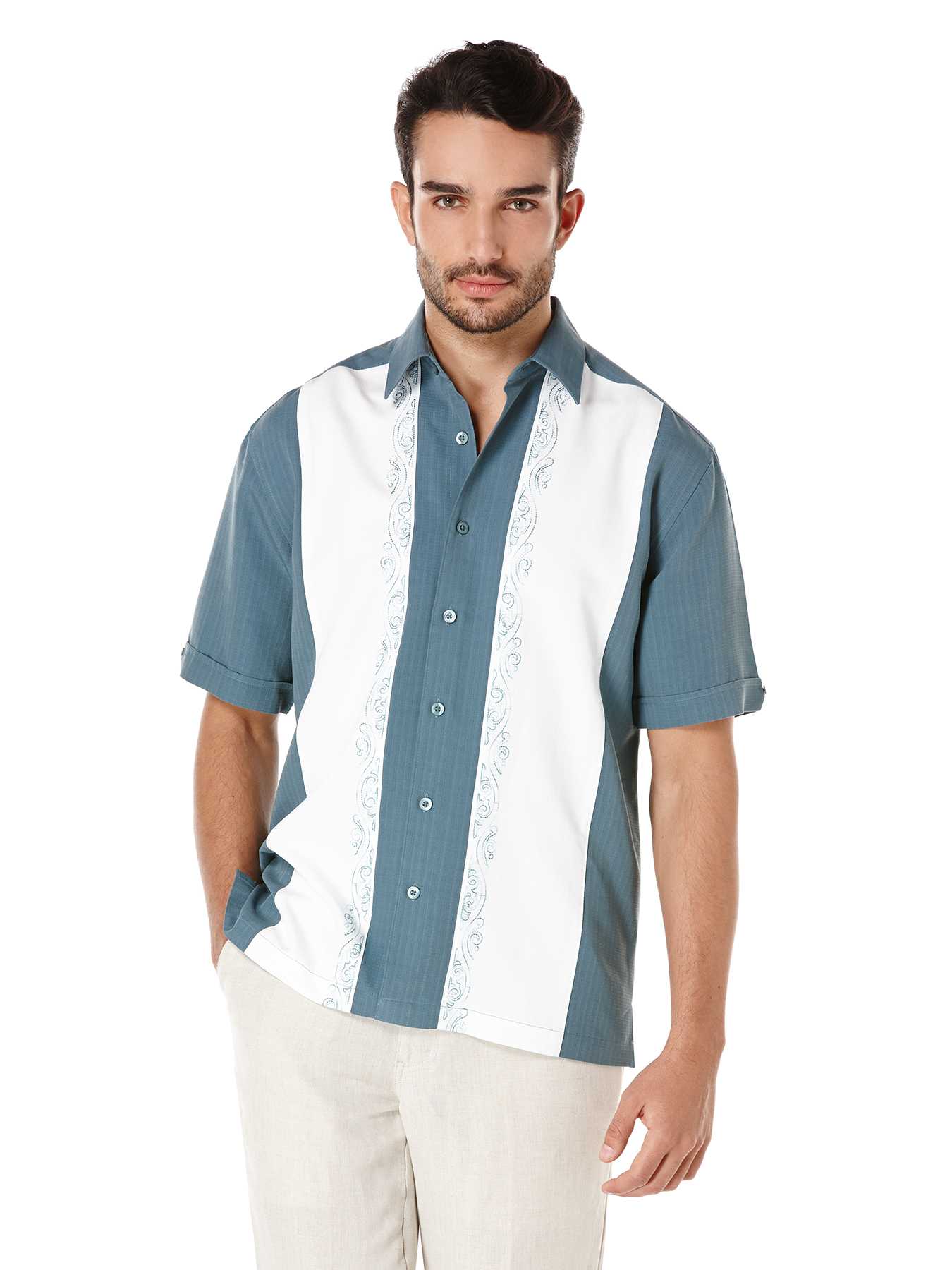 Cubavera Short Sleeve Grid Contrast Side Panels With Ornate Embroidery